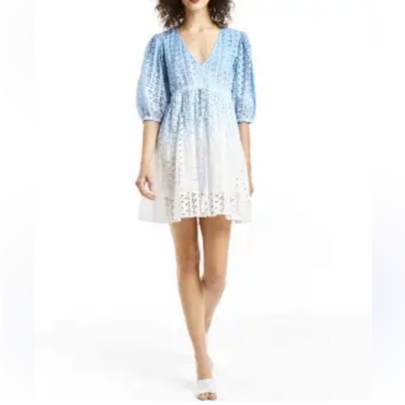 Super Natural Sz L Tiered Eyelet Dress V Neck Blue Ombre V Neck Puff Sleeves - Picture 1 of 13